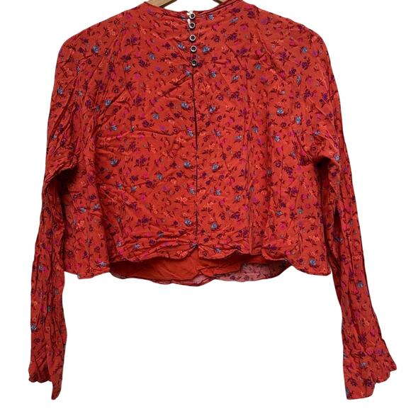 Free People Orange Floral Long Sleeve Cropped Top Medium - Picture 3 of 6